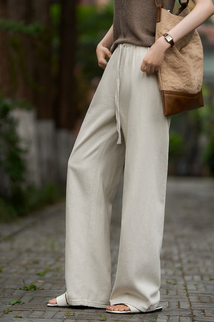 White Pull-On Wide-Leg Drawstring Jeans  Fibflx