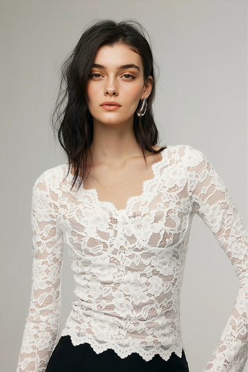 Fibflx Women's White Sheer V-Neck Long-Sleeve Lace Top