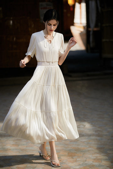 White 100 Cotton Eyelet-Embroidery Puff-Sleeve Midi Tea Dress