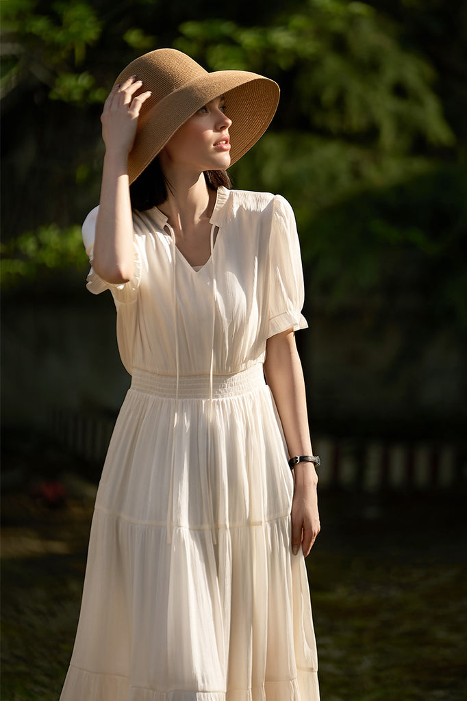 White Silky Tiered Puff-Sleeve Maxi Dress - Fibflx
