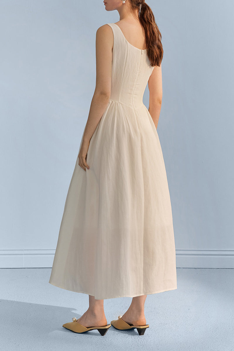 white sleeveless maxi dress White Sleeveless Cinched Waist Maxi Dress with Button Details Off White / S