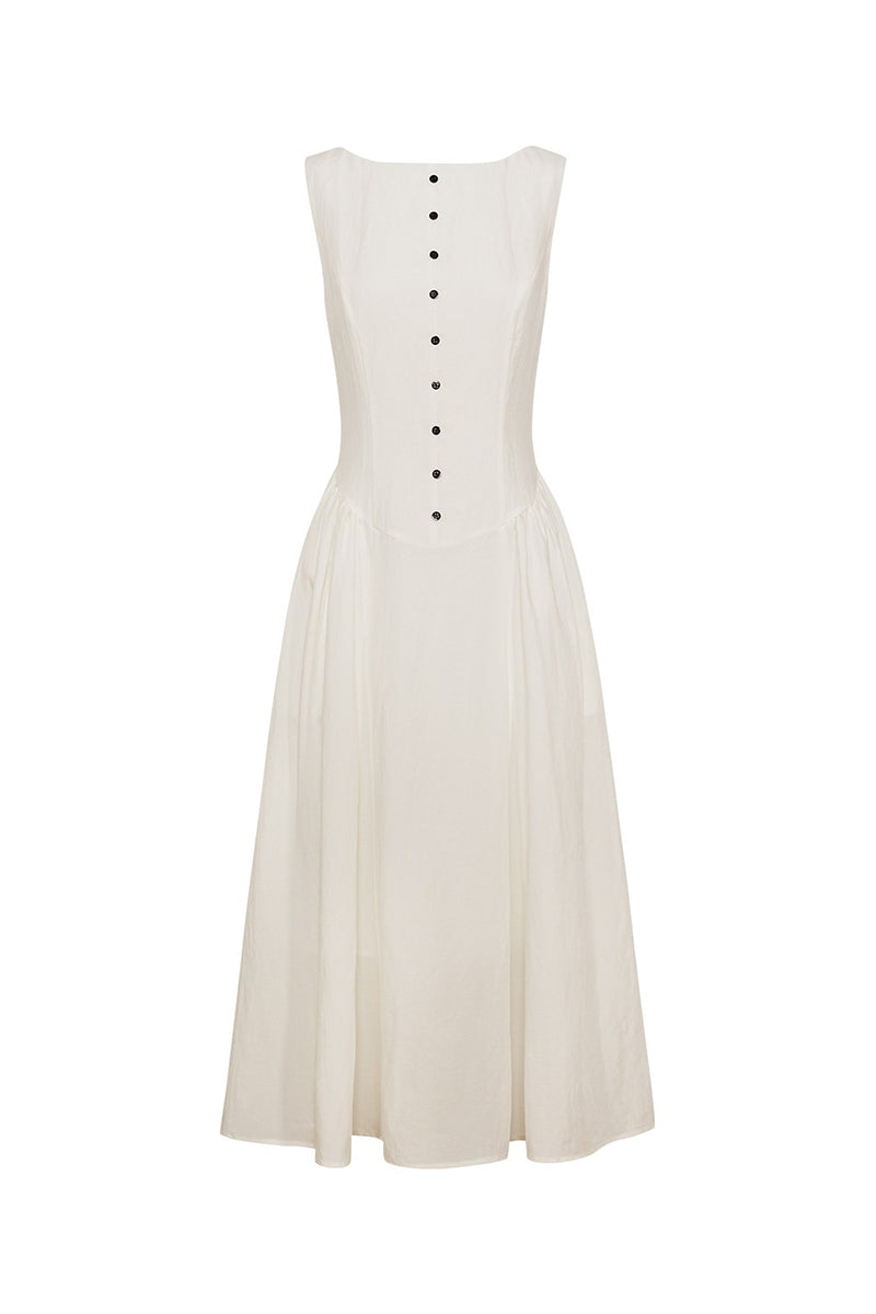 white button dress White Sleeveless Cinched Waist Maxi Dress with Button Details Off White / S