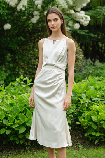 White Sleeveless Keyhole Midi Graduation Dress - Fibflx