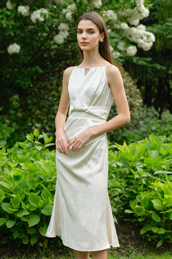 White Sleeveless Keyhole Midi Graduation Dress  Fibflx