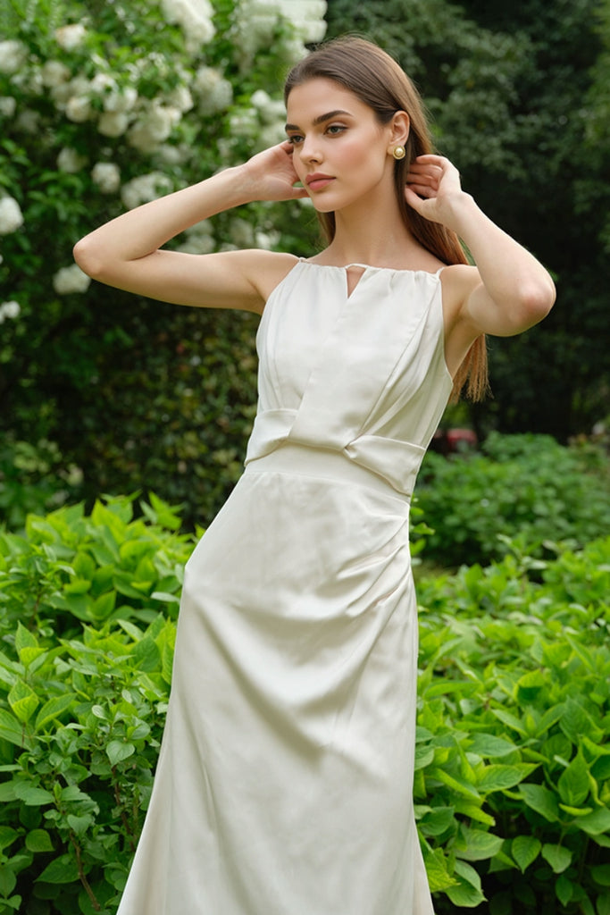 White Sleeveless Keyhole Midi Graduation Dress  Fibflx