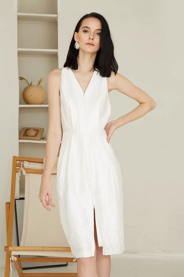 White Sleeveless Midi Graduation Dress With Front Slit XS / White / 100% Polyester