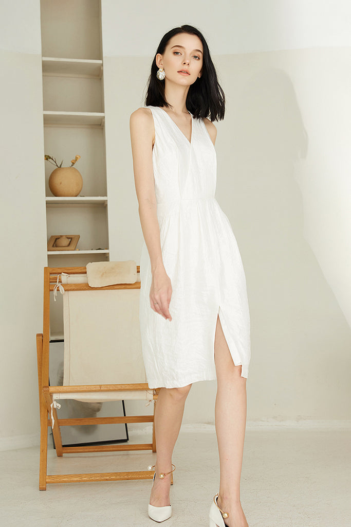 White Sleeveless Midi Graduation Dress With Front Slit  Fibflx