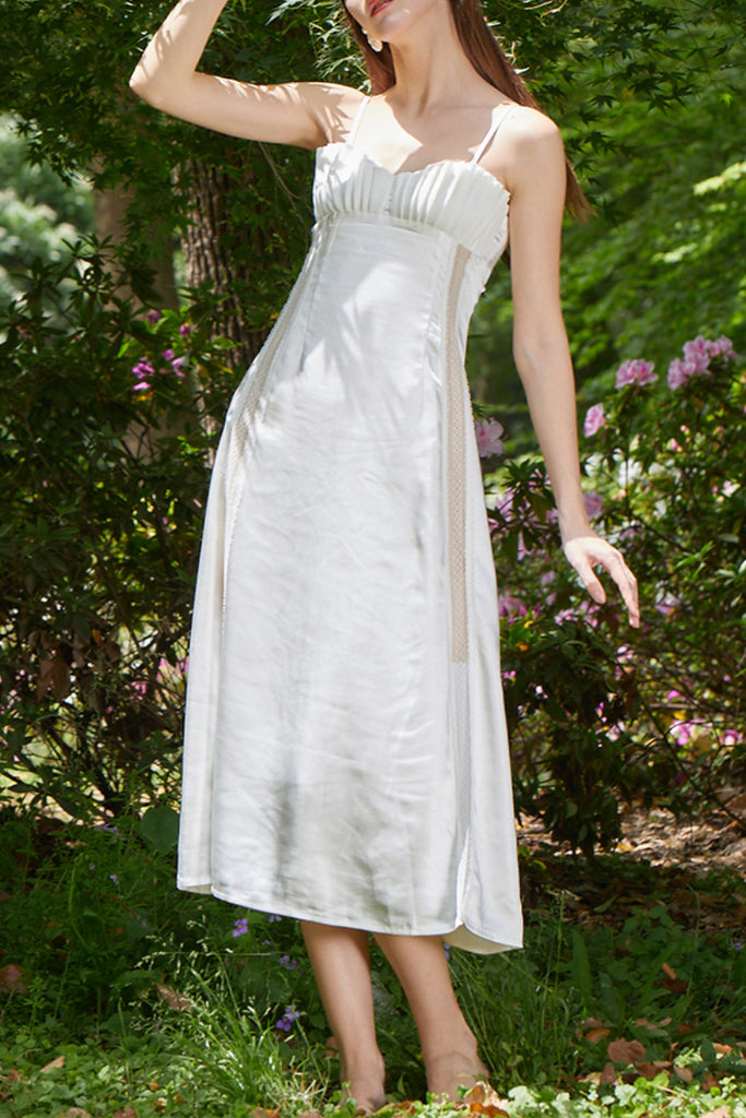 White Spaghetti-Strap Ruched Front Midi Cocktail Dress  Fibflx