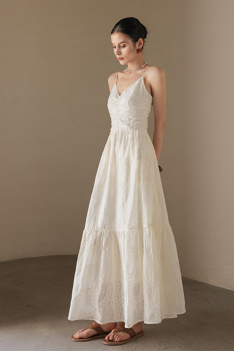 white spaghetti strap maxi dress V-Neck Ruched Off White / XS Size:Pre-order Custom Size >11 +$80 Floral Kaftan Dress Casual One Piece Dress spaghetti straps which can