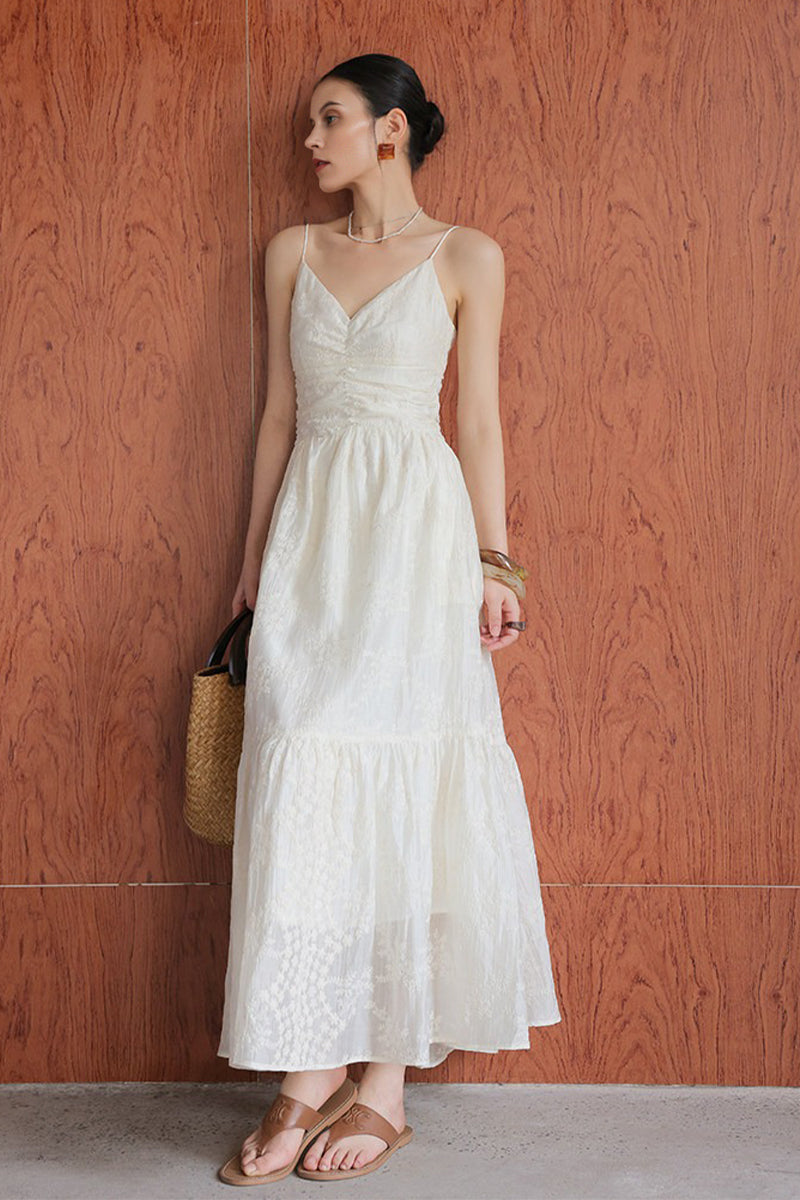 white maxi dress spaghetti straps Strap V Neck | Summer Vacation Dress Size:2Xl search-enabled and feminine lace make Cream Floral Dress