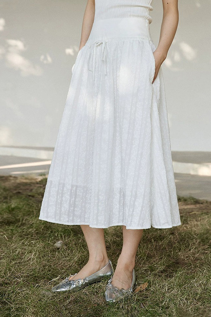 White Textured Gauze High Waisted A-Line Midi Skirt - Fibflx