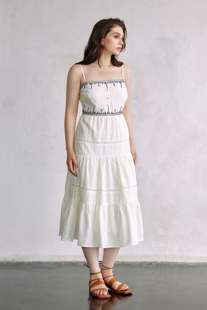 White Tiered Embroidered Spaghetti-Strap Midi Dress - Fibflx