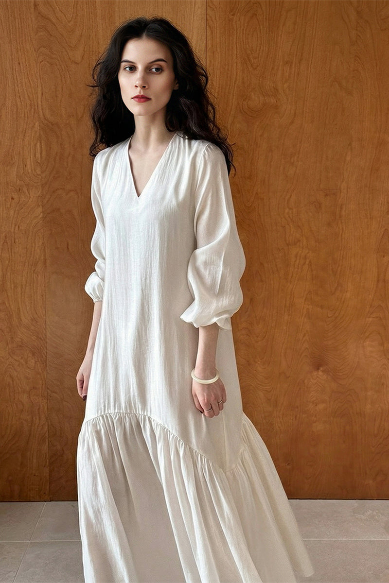 Fibflx Women's White Cut Out Crochet Maxi Dress with Long Sleeve