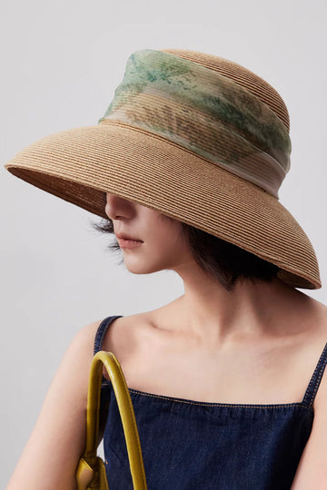 Wide-Brim Chiffon-Ribbon Straw Sun Hat - Fibflx