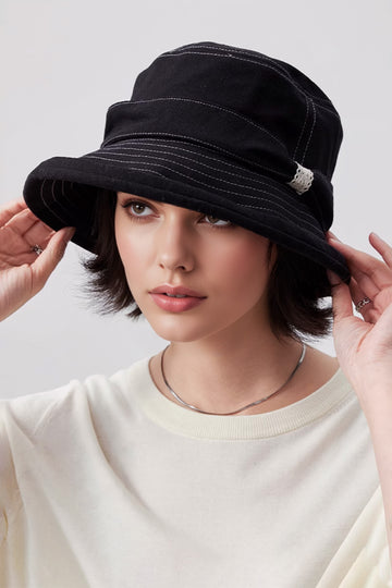 Wide-Brim Cotton-Linen Bow Bucket Hat - Fibflx