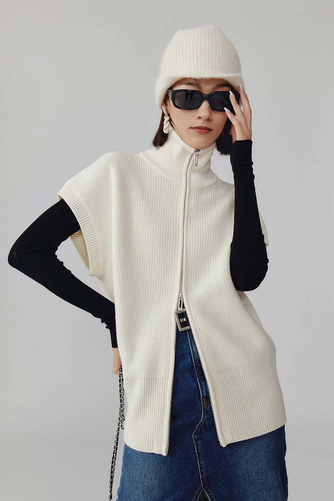 Women's Sleeveless Double Zipper Cardigan Vest Oak Beige / L Fibflx