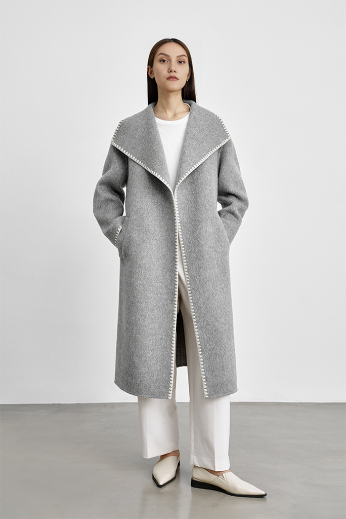 Fibflx Women's Wool Belted Wrap Coat With White Contrasting Stitch