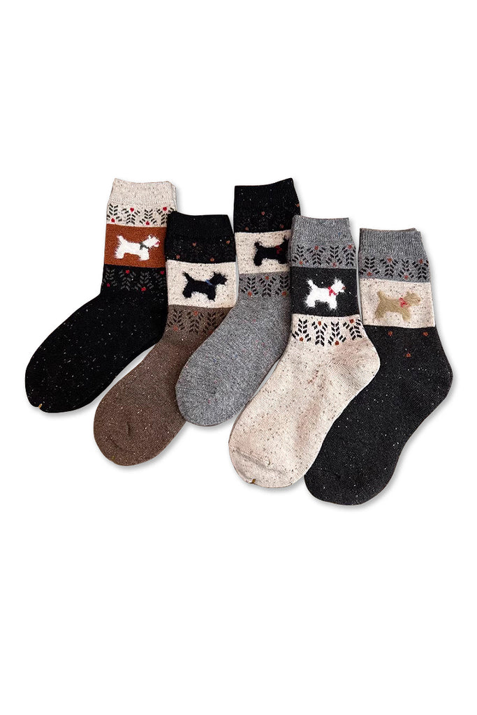 Fibflx Women's Wool Blend Fair Isle Crew Socks Set with Puppy Pattern_5-Pack