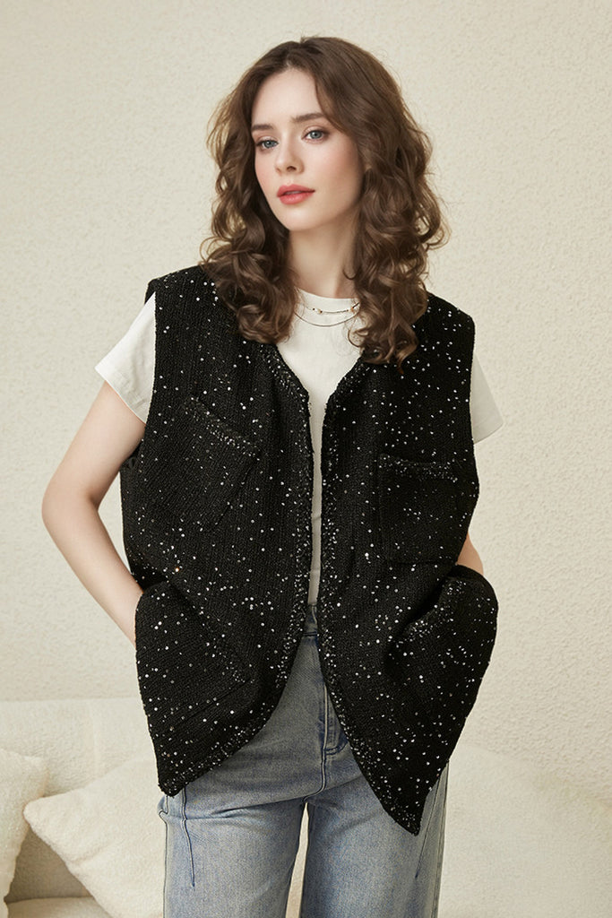 Fibflx Women's Wool Blend Sequin-Embellished Tweed Vest in Black