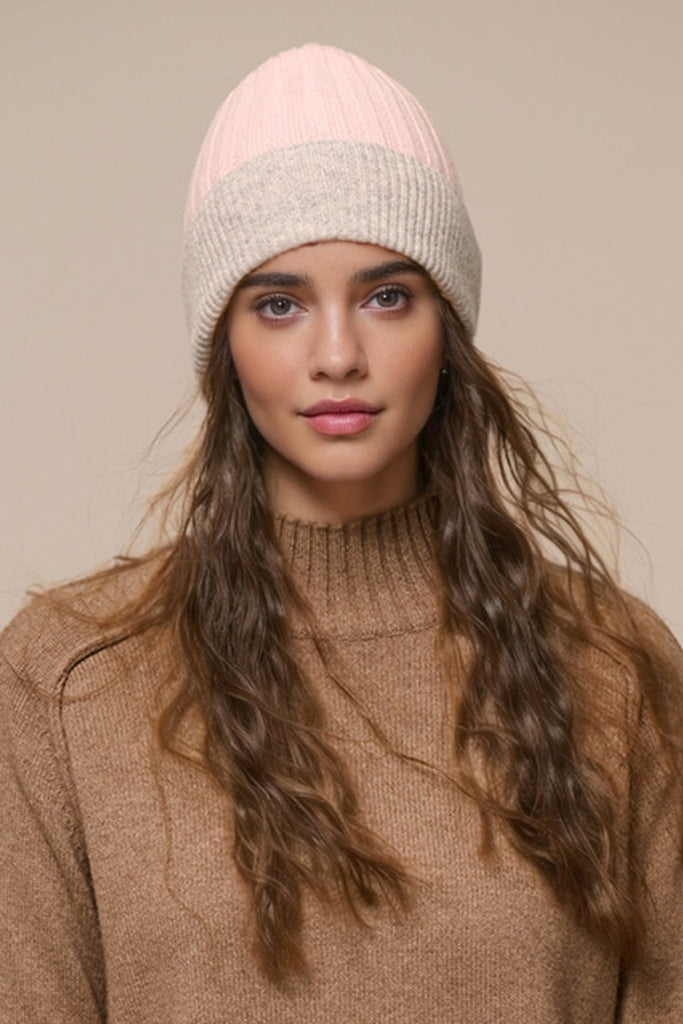 Fibflx Women's Wool-Cashmere Colorblock Ribbed Knit Beanie Hat