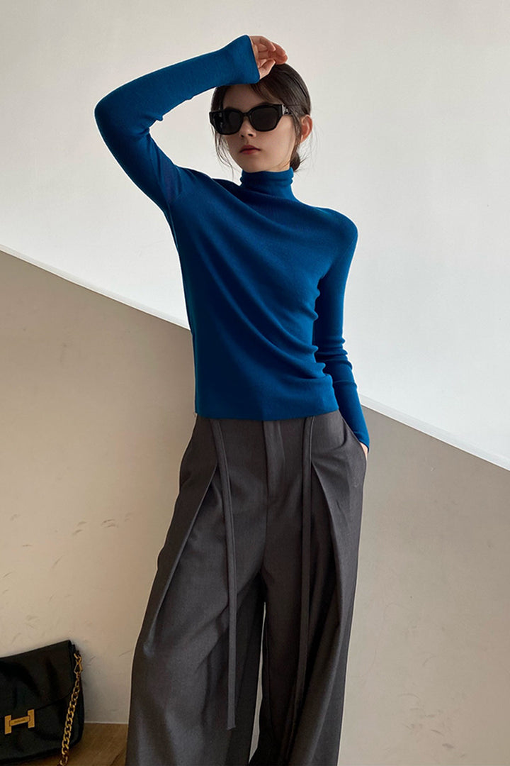 Wool Ribbed Turtleneck Sweater in Royal Blue  Fibflx