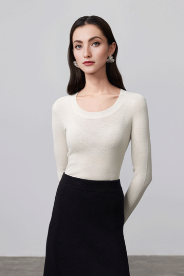 Fibflx Women's Wool Silk Seamless Knit U Neck Sweater