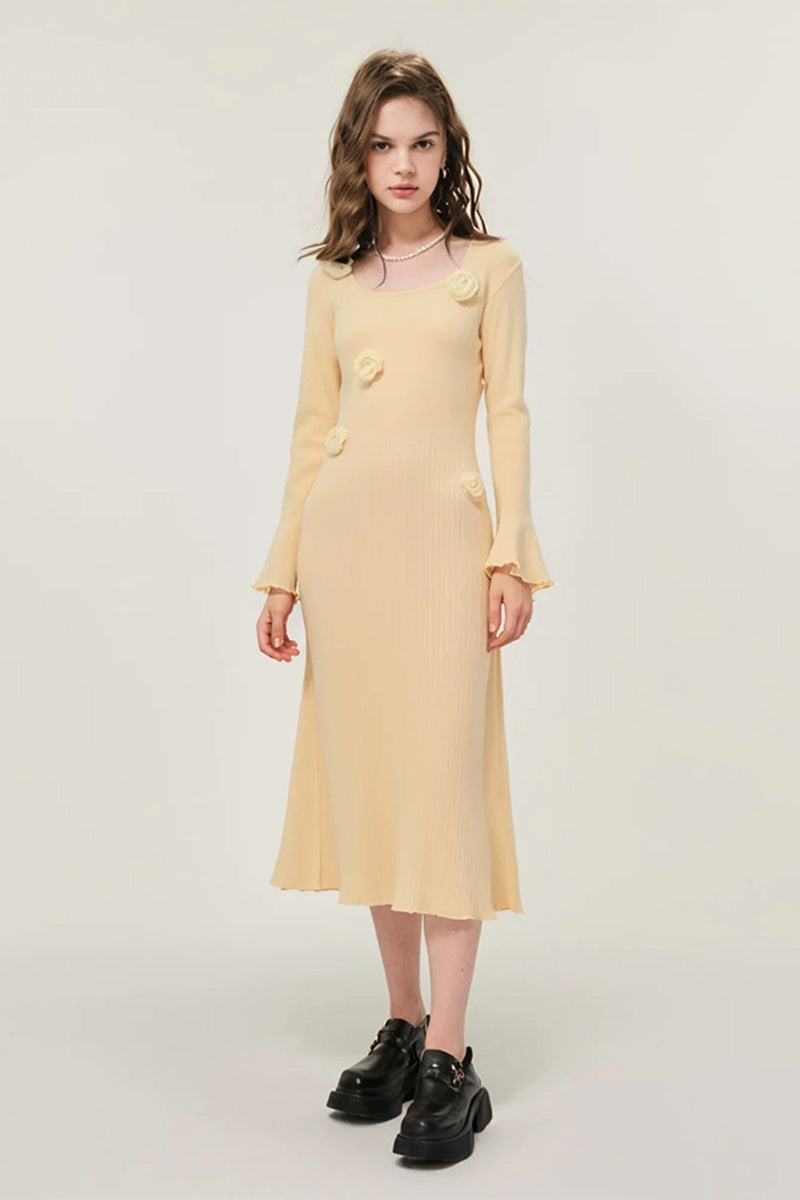 yellow knit dress long sleeve Floral Appliqué Midi Sweater Mellow Yellow / M vz:hardal-sarisi