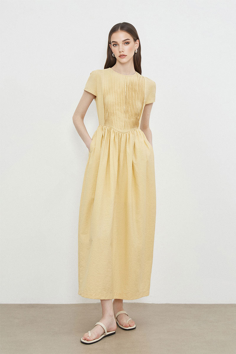 yellow cotton midi dress Long-Staple with Front Pleat M / Daffodil Yellow / 100% Cotton 100% Cotton Hand Wash Options:Black Corset Cut Out Detail GIFT