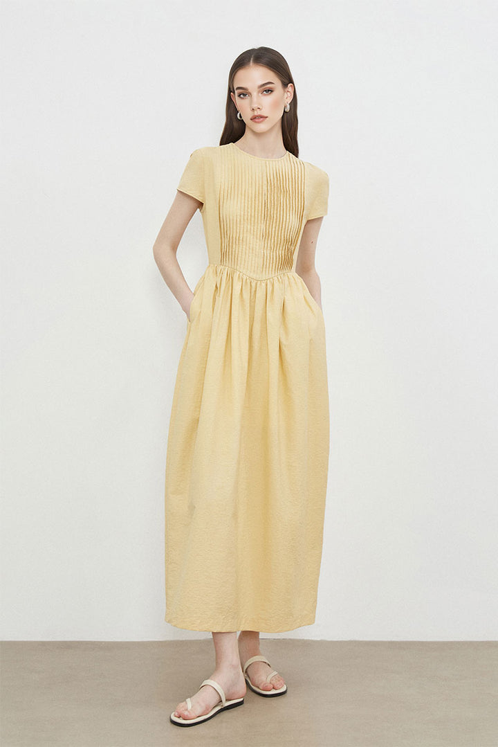 Yellow Long-Staple Cotton Midi Dress with Front Pleat  Fibflx