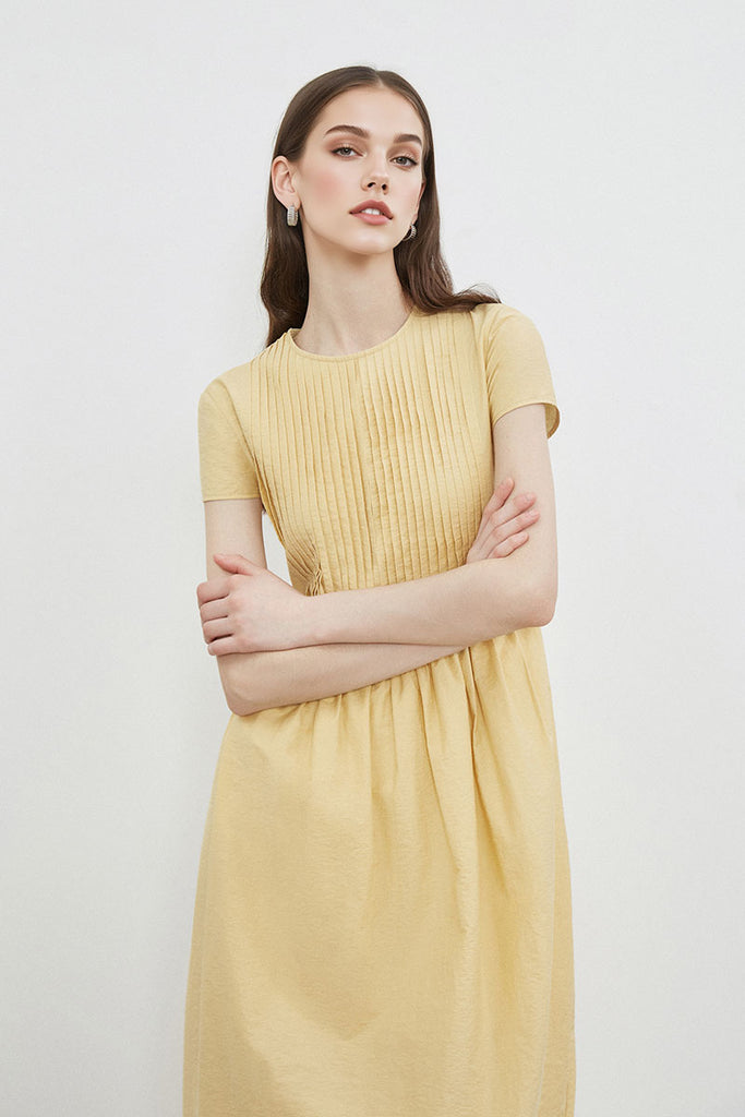 Yellow Long-Staple Cotton Midi Dress with Front Pleat  Fibflx