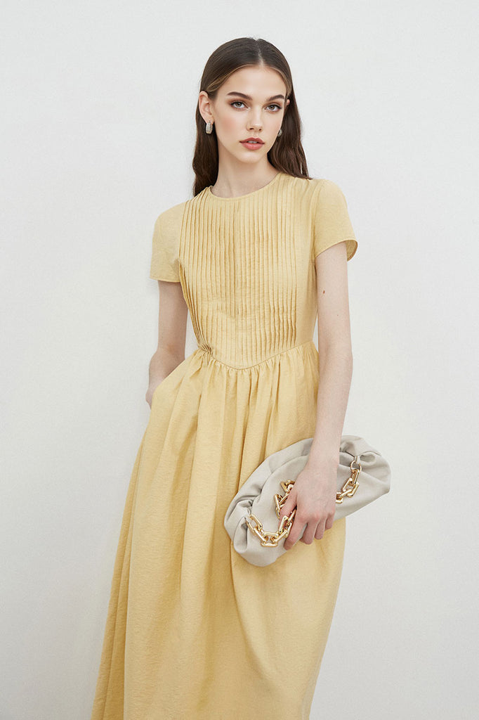 Yellow Long-Staple Cotton Midi Dress with Front Pleat  Fibflx