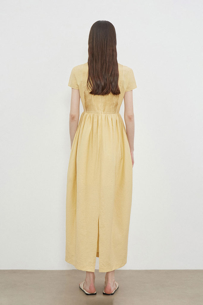 Yellow Long-Staple Cotton Midi Dress with Front Pleat  Fibflx