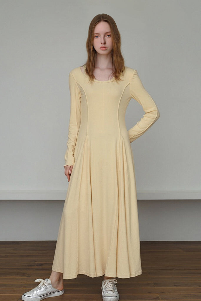 Fibflx Women's Yellow Stretch Long-Sleeve Scoop-Neck A-Line Maxi Dress