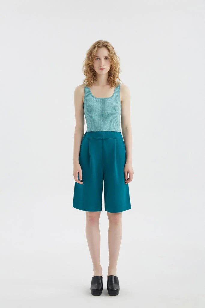 fibflx women's summer clothes high waist bermuda shorts straight leg fit wide leg cotton fabric teal blue green