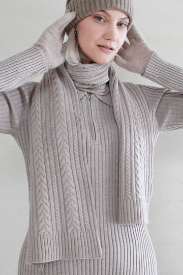 merino wool cable knit scarf muffler women's winter accessory beige white grey