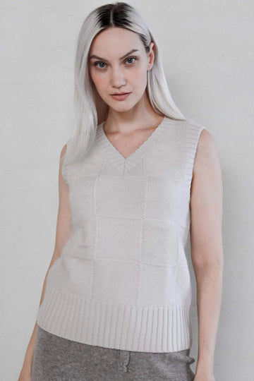 Fibflx women's checked sweater vest white wool mohair v neck winter knitwear pattern knitwear