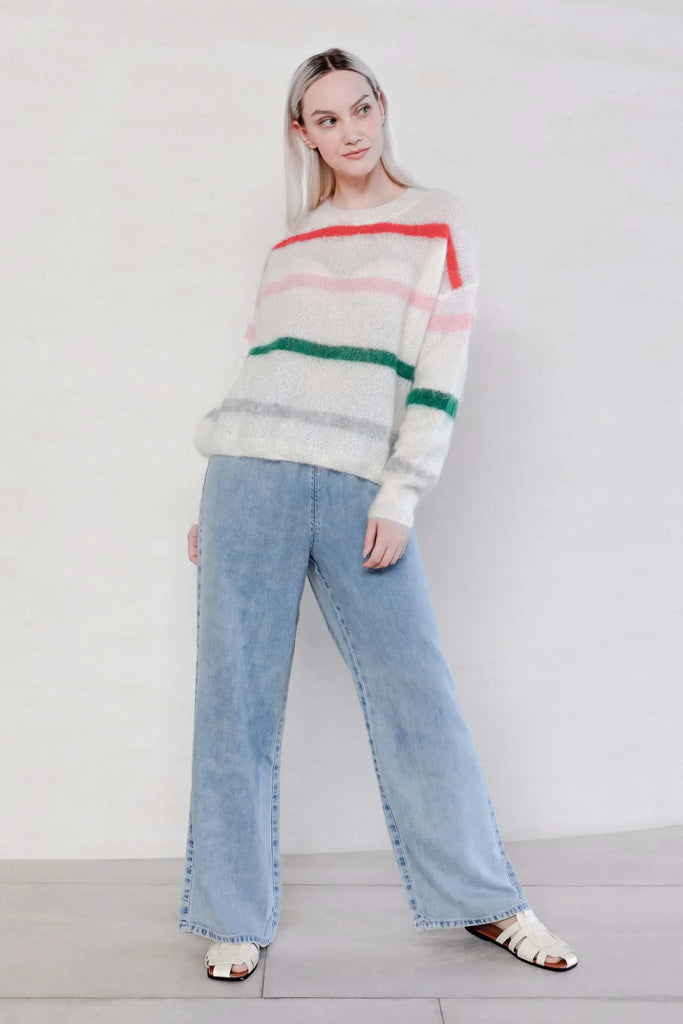Fibflx women's clothes colorful striped sweater in mohair wool blend white knitted top oversized winter gift