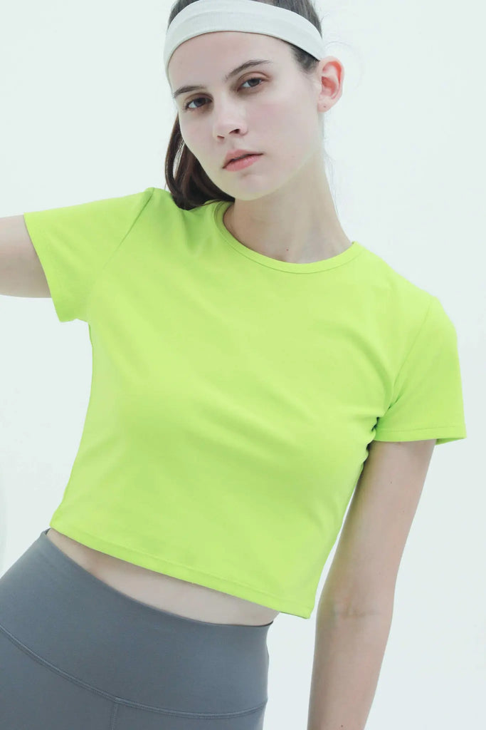 fibflx women's clothes crewneck crop top slim fit short sleeve summer sports bright yellow neon yellow
