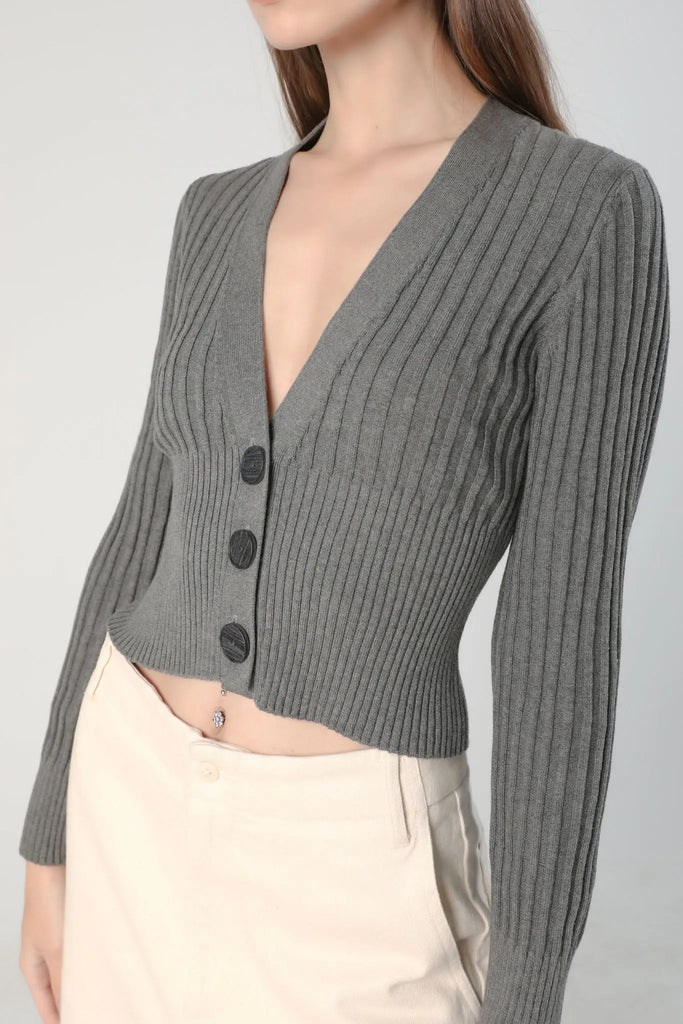 fibflx women's cropped v-neck cardigan deep plunge neckline sweater fall spring winter cotton top grey