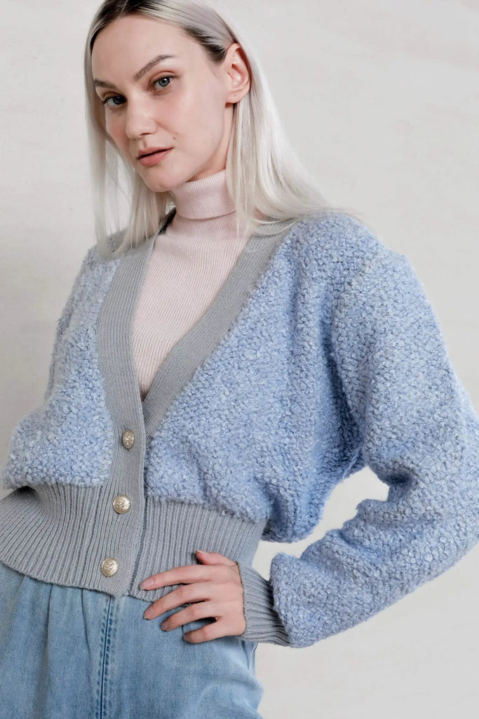 Fibflx women's clothes deep v-neck cardigan deep plunge neckline top with buttons wool alpaca blend blue winter gift