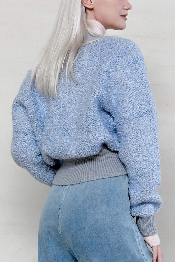 Fibflx women's clothes deep v-neck cardigan deep plunge neckline top with buttons wool alpaca blend blue winter gift