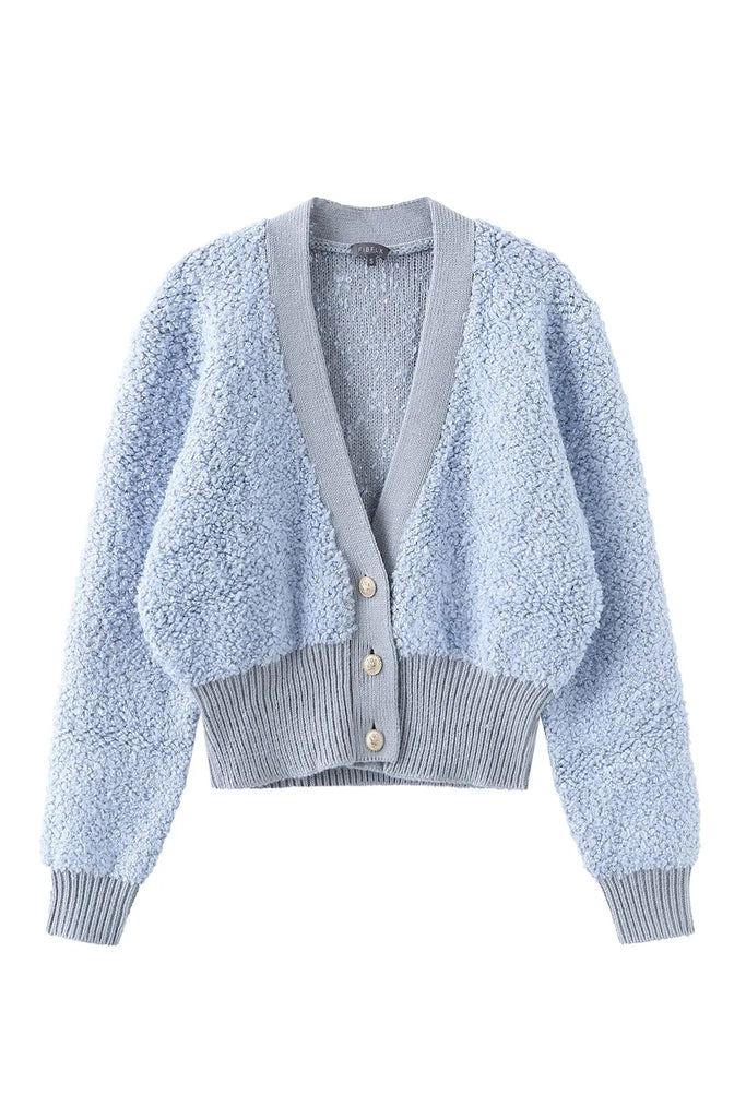 Fibflx women's clothes deep v-neck cardigan deep plunge neckline top with buttons wool alpaca blend blue winter gift