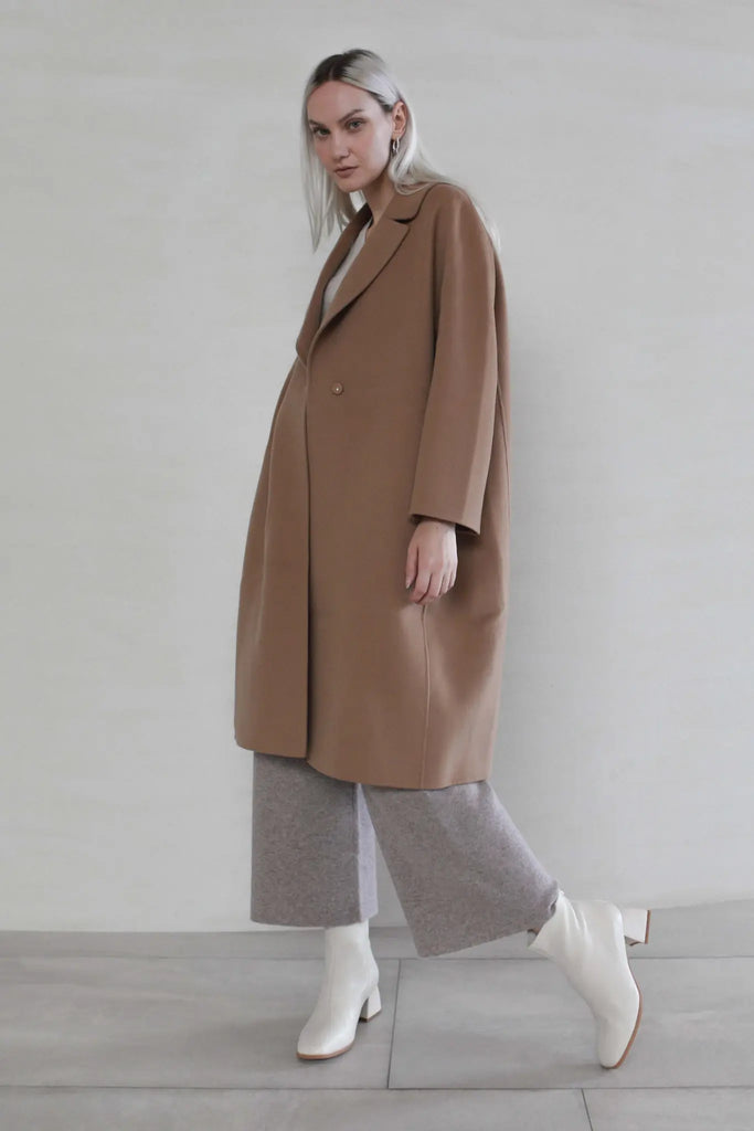 Fibflx women's double face wool coat midi length trench coat beige winter jacket gift for her