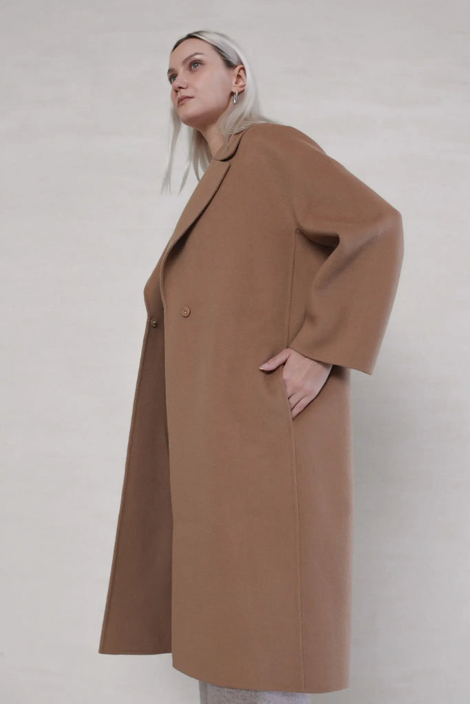 Fibflx women's double face wool coat midi length trench coat beige winter jacket gift for her