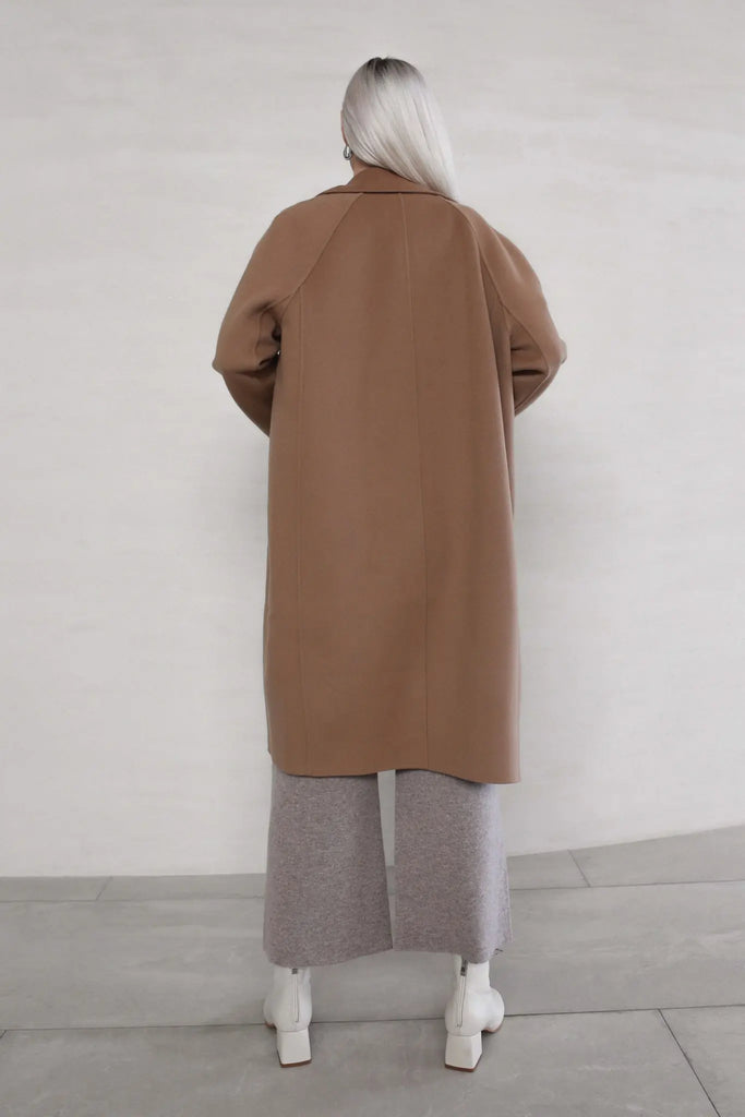 Fibflx women's double face wool coat midi length trench coat beige winter jacket gift for her