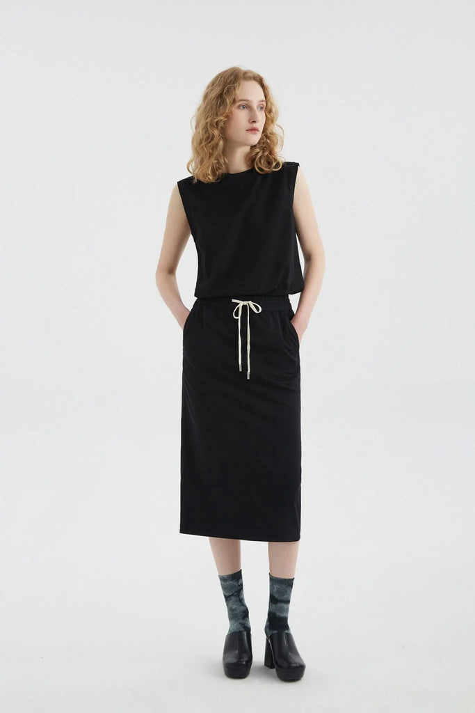 fibflx women's clothes cotton midi skirt drawstring black