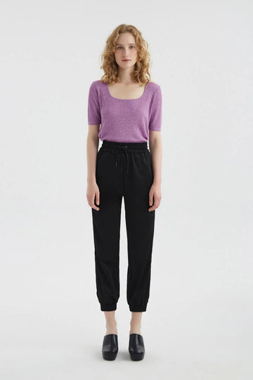 fibflx women's summer clothes purple elbow length sleeve square neck t shirt linen merino wool fabric