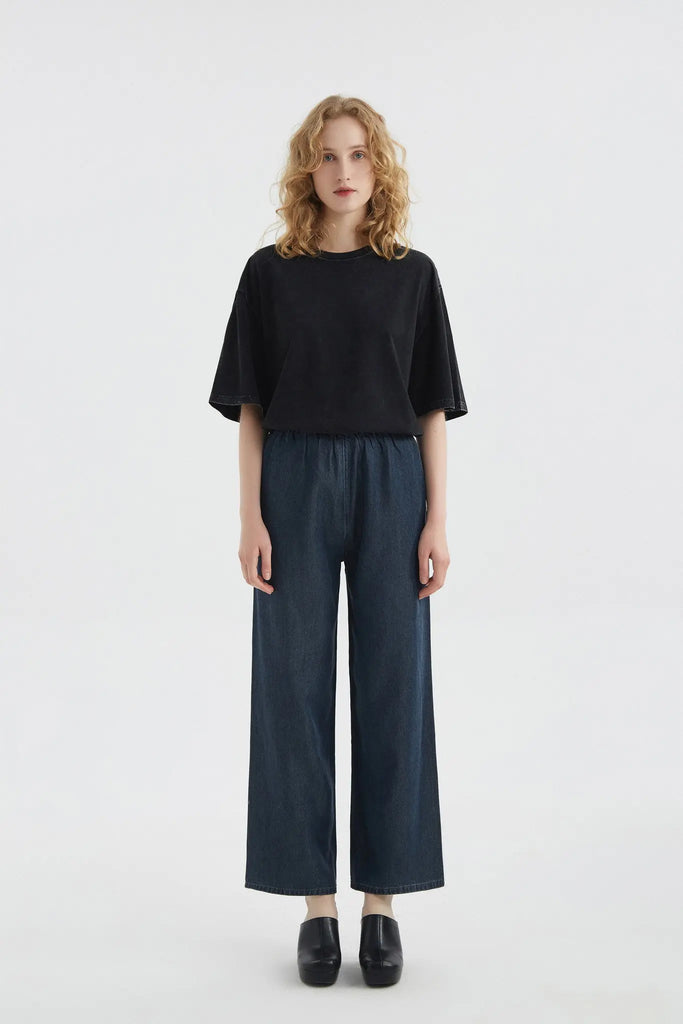 fibflx women's clothes tencel drape wide leg pants straight fit dark blue denim