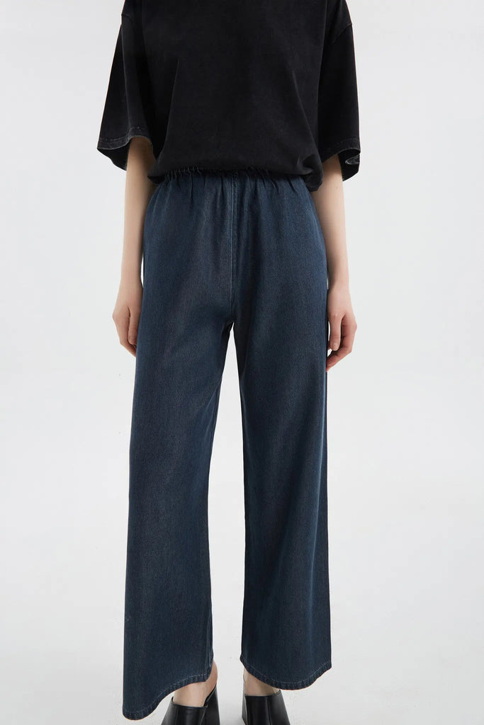 fibflx women's clothes tencel drape wide leg pants straight fit dark blue denim