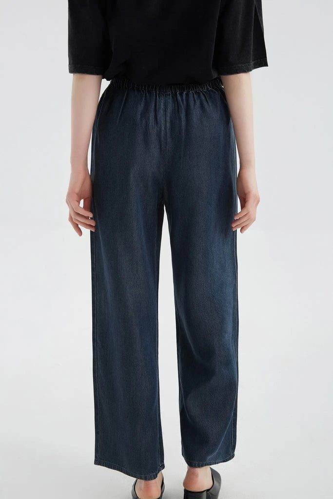 fibflx women's clothes tencel drape wide leg pants straight fit dark blue denim